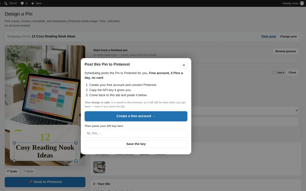 Sending a finished Pin to Pinterest — the one optional step that uses a free Burnpedia account.