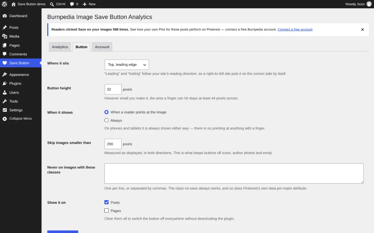 Button settings in wp-admin: where the button sits, how big it is, and which images to skip.