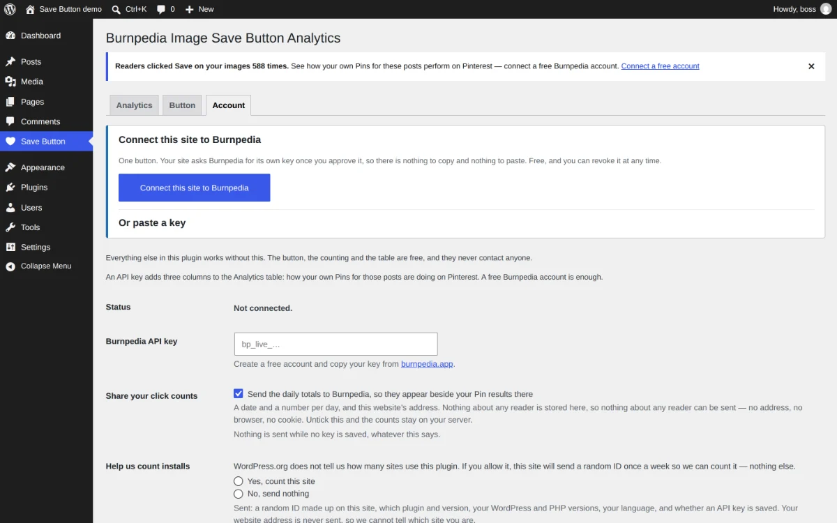 The Account screen, where the optional free Burnpedia connection lives.