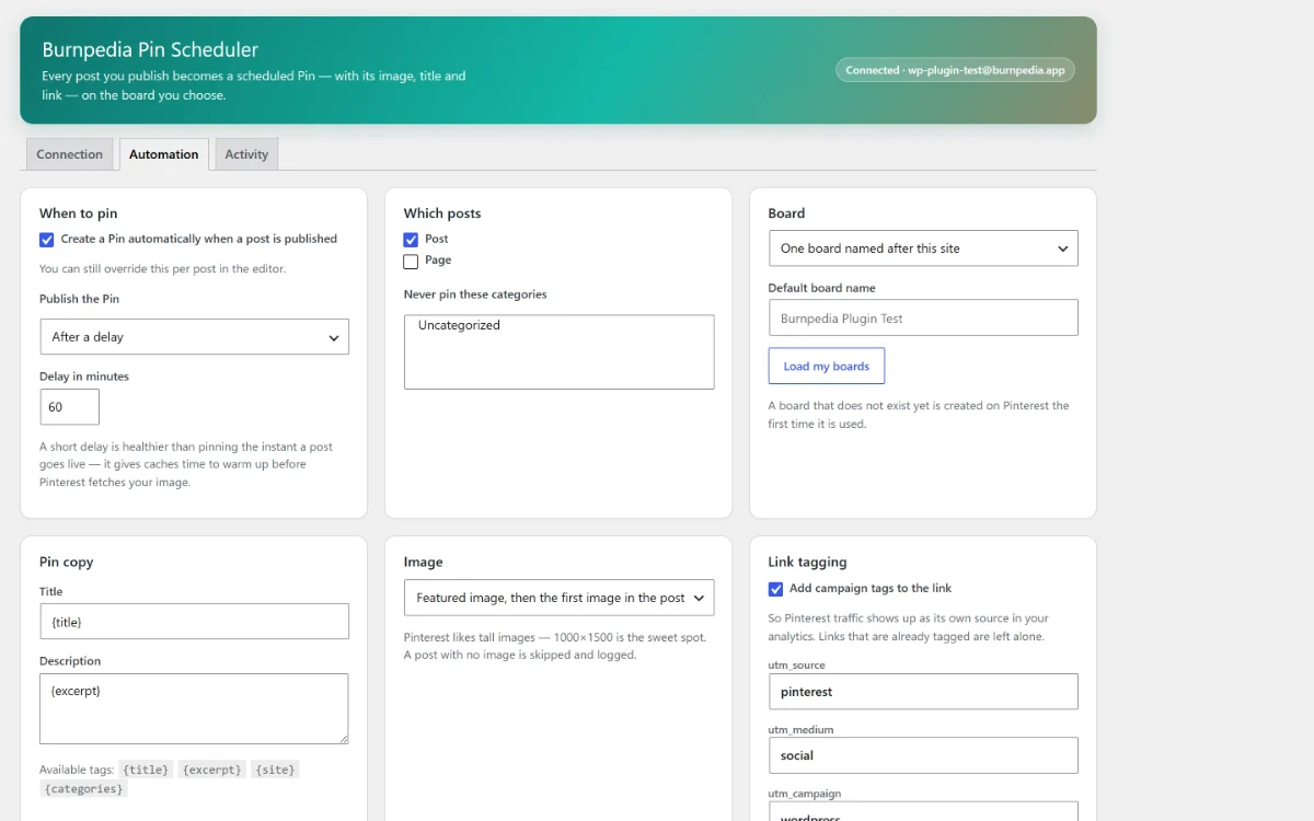 Automation settings in wp-admin: when to pin, which posts to pin, and which board they go to.