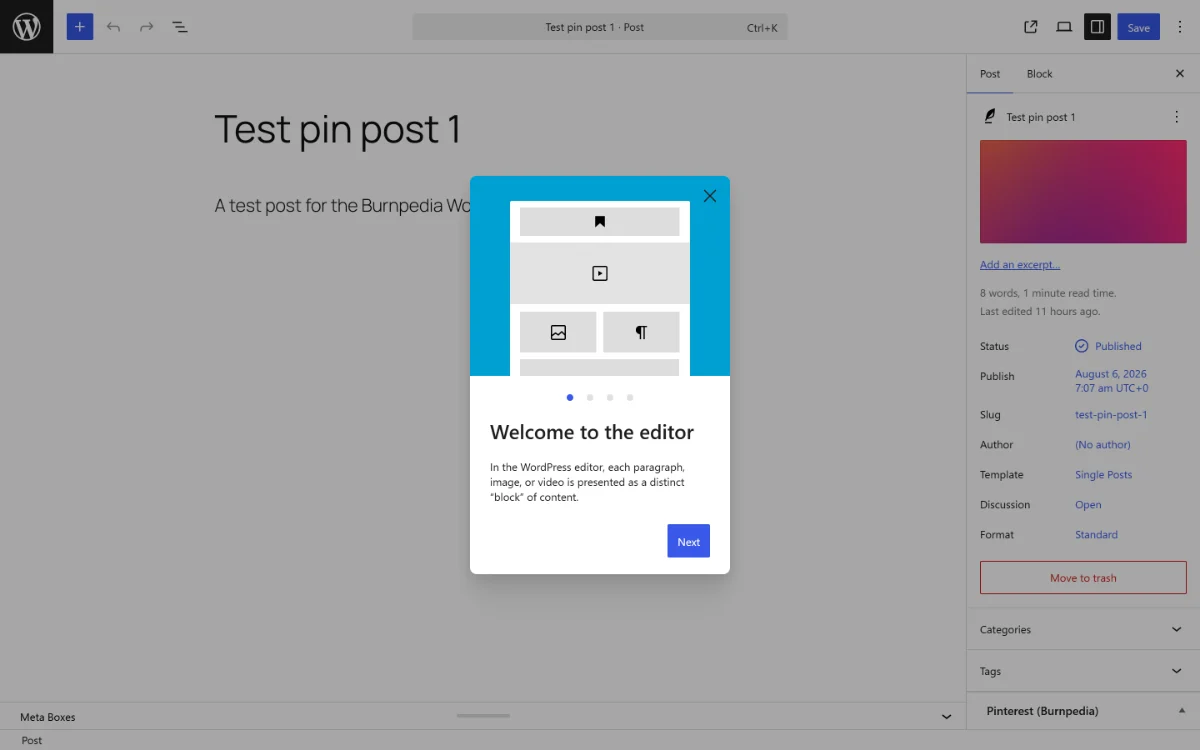 The Pinterest box inside the WordPress post editor, with a per-post title, description and board.