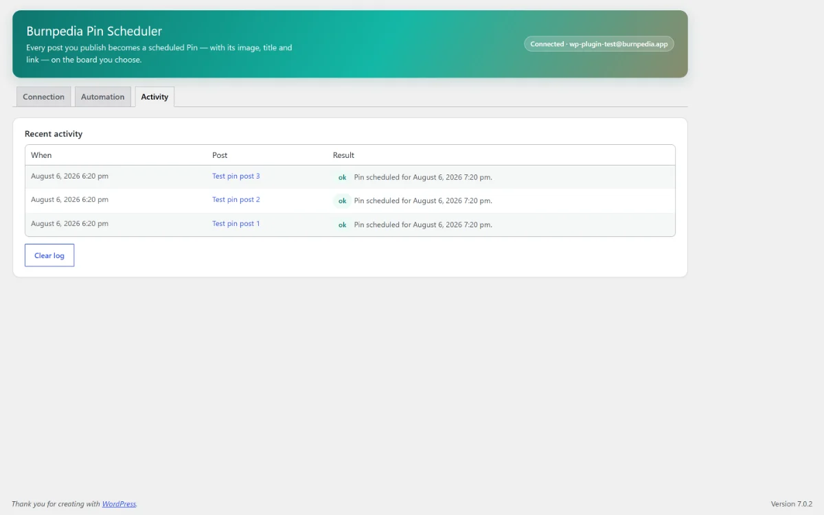 The Activity log in wp-admin: what was pinned, what was skipped, and why.